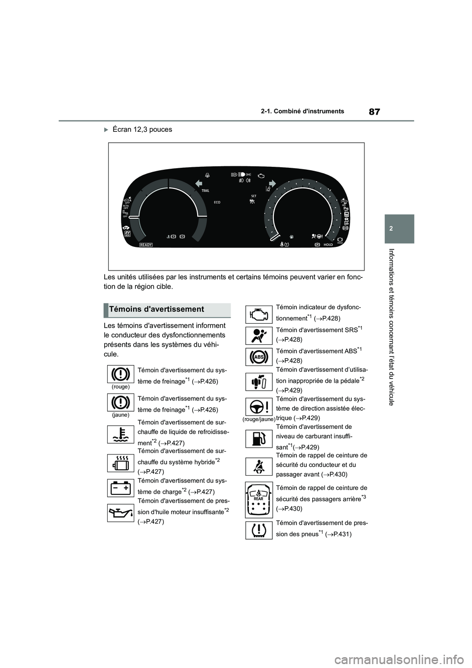 TOYOTA HIGHLANDER 2023  Manuel du propriétaire (in French) 87
2 
2-1. Combiné dinstruments
Informations et témoins concernant l’état du véhicule
Écran 12,3 pouces 
Les unités utilisées par les instruments et certains témoins peuvent varier en fo