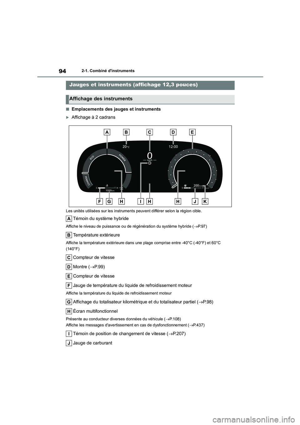 TOYOTA HIGHLANDER 2023  Manuel du propriétaire (in French) 942-1. Combiné dinstruments
■Emplacements des jauges et instruments
Affichage à 2 cadrans
Les unités utilisées sur les instruments peuvent différer selon la région cible.
Témoin du systè
