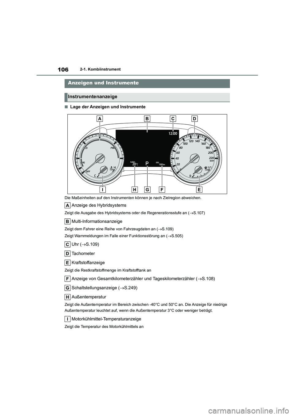 TOYOTA HIGHLANDER 2022  Betriebsanleitungen (in German) 1062-1. Kombiinstrument
■Lage der Anzeigen und Instrumente
Die Maßeinheiten auf den Instrumenten können je nach Zielregion abweichen.
Anzeige des Hybridsystems
Zeigt die Ausgabe des Hybridsystems 