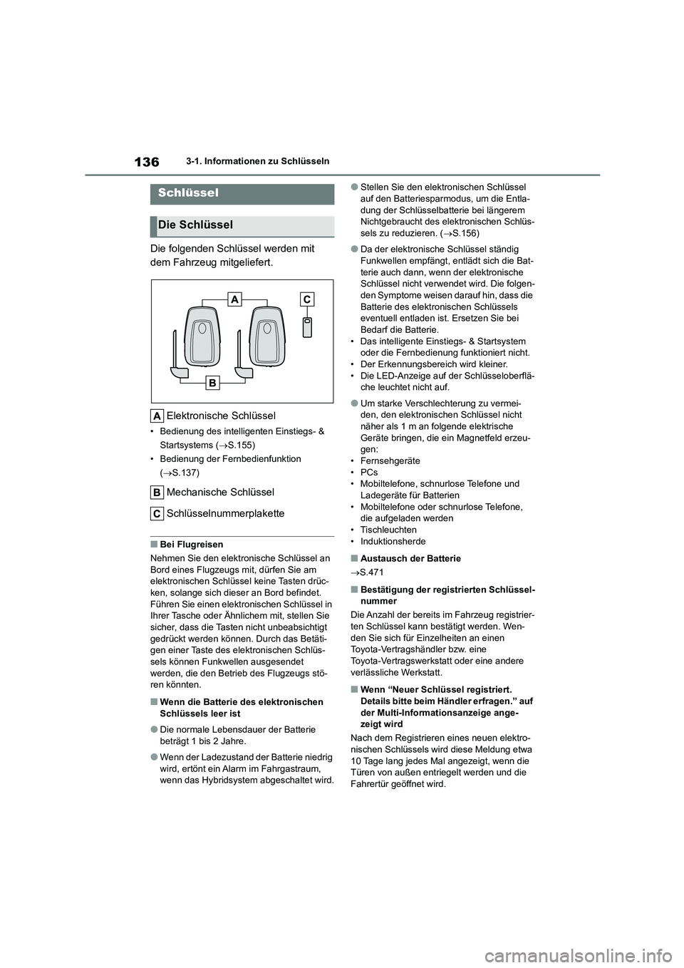 TOYOTA HIGHLANDER 2022  Betriebsanleitungen (in German) 1363-1. Informationen zu Schlüsseln
3-1.Informationen zu Schlüsseln
Die folgenden Schlüssel werden mit  
dem Fahrzeug mitgeliefert. 
Elektronische Schlüssel
• Bedienung des intelligenten Einstie