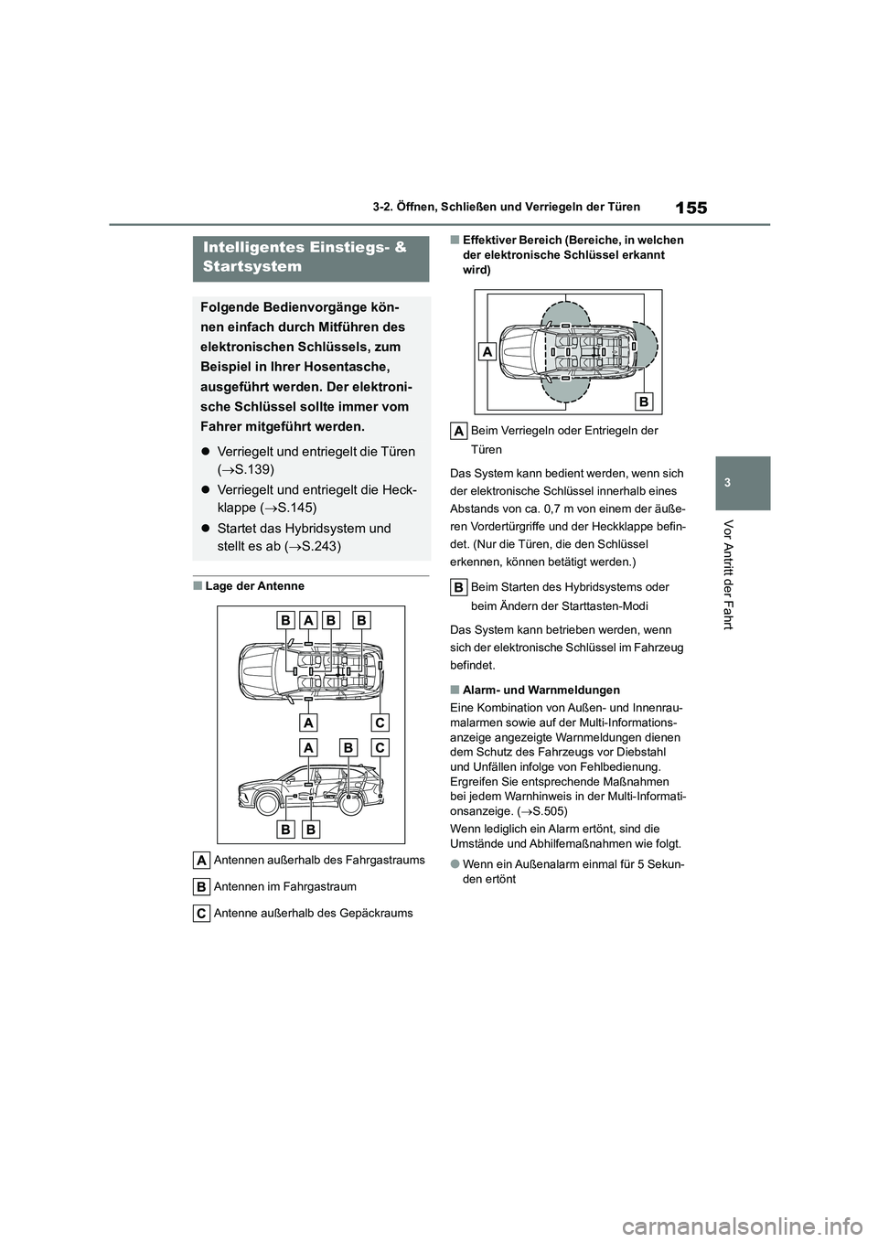 TOYOTA HIGHLANDER 2022  Betriebsanleitungen (in German) 155
3 
3-2. Öffnen, Schließen und Verriegeln der Türen
Vor Antritt der Fahrt
■Lage der Antenne 
Antennen außerhalb des Fahrgastraums 
Antennen im Fahrgastraum
Antenne außerhalb des Gepäckraums
