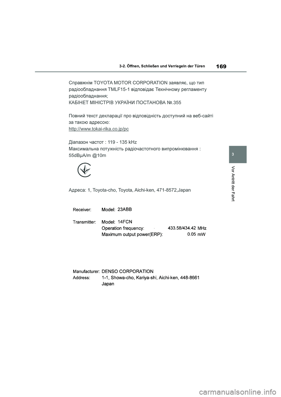 TOYOTA HIGHLANDER 2022  Betriebsanleitungen (in German) 169
3 
3-2. Öffnen, Schließen und Verriegeln der Türen
Vor Antritt der Fahrt 