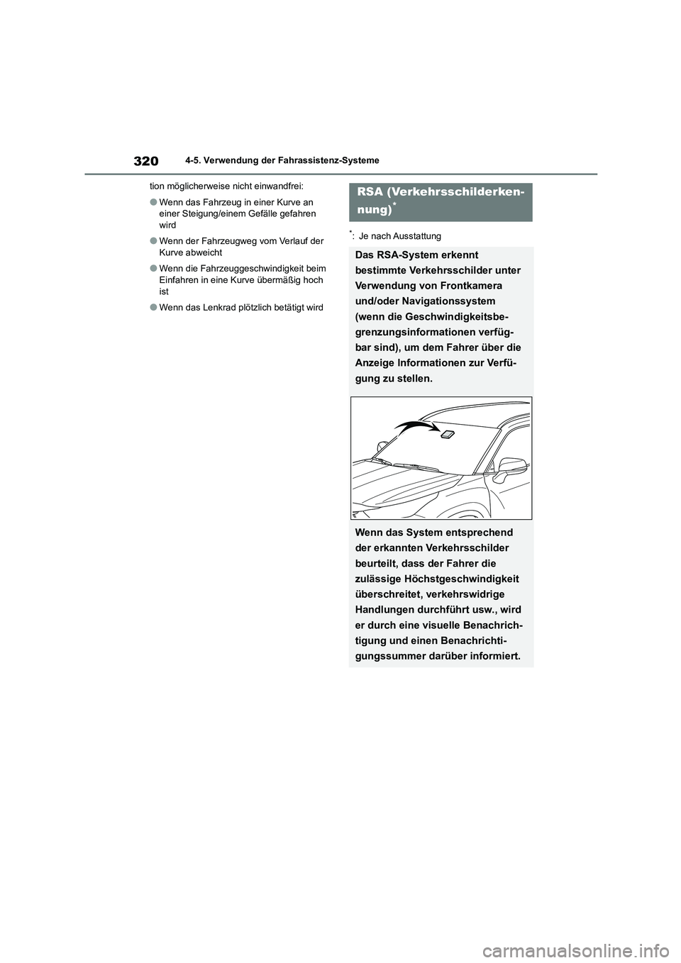 TOYOTA HIGHLANDER 2022  Betriebsanleitungen (in German) 3204-5. Verwendung der Fahrassistenz-Systeme 
tion möglicherweise nicht einwandfrei:
●Wenn das Fahrzeug in einer Kurve an  
einer Steigung/einem Gefälle gefahren  wird
●Wenn der Fahrzeugweg vom 
