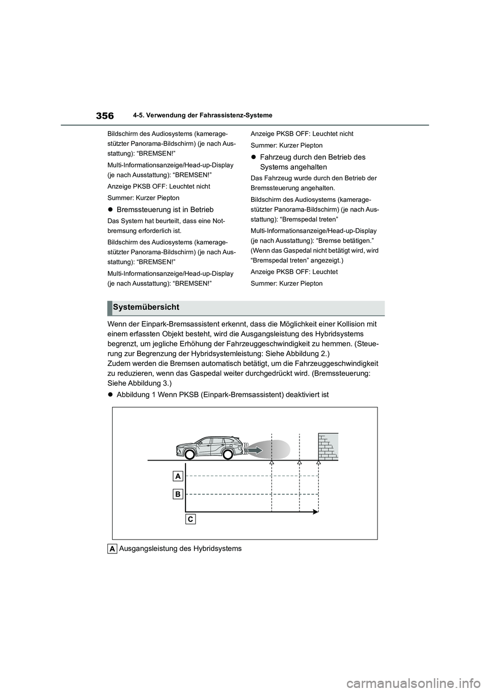 TOYOTA HIGHLANDER 2022  Betriebsanleitungen (in German) 3564-5. Verwendung der Fahrassistenz-Systeme 
Bildschirm des Audi osystems (kamerage- 
stützter Panorama-Bildschirm) (je nach Aus-
stattung): “BREMSEN!” 
Multi-Informationsanzeige/Head-up-Display
