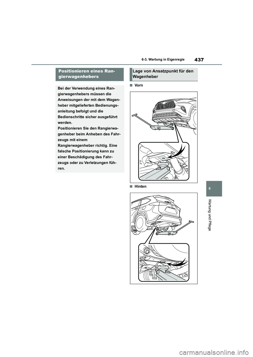 TOYOTA HIGHLANDER 2022  Betriebsanleitungen (in German) 437
6 
6-3. Wartung in Eigenregie
Wartung und Pflege
■Vo r n
■Hinten
Positionieren eines Ran- 
gierwagenhebers
Bei der Verwendung eines Ran- 
gierwagenhebers müssen die 
Anweisungen der mit dem W