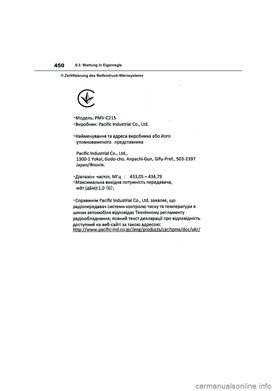 TOYOTA HIGHLANDER 2022  Betriebsanleitungen (in German) 4506-3. Wartung in Eigenregie
■Zertifizierung des Reifendruck-Warnsystems 