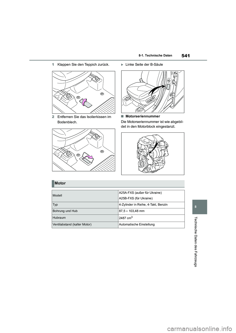TOYOTA HIGHLANDER 2022  Betriebsanleitungen (in German) 541
8 
8-1. Technische Daten
Technische Daten des Fahrzeugs
1 Klappen Sie den Teppich zurück. 
2 Entfernen Sie das Isolierkissen im  
Bodenblech.
Linke Seite der B-Säule
■Motorseriennummer 
Die