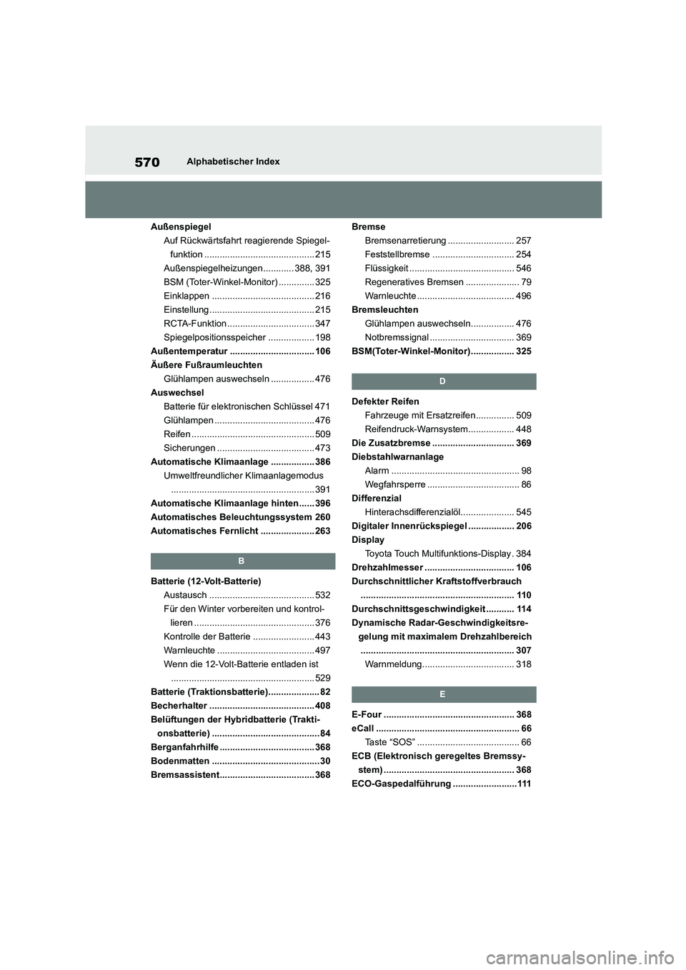 TOYOTA HIGHLANDER 2022 Betriebsanleitungen (in German) 570Alphabetischer Index
Außenspiegel
Auf Rückwärtsfahrt reagierende Spiegel-
funktion ........................................... 215
Außenspiegelheizungen............ 388, 391
BSM (Toter-Winkel TOYOTA HIGHLANDER 2022 Betriebsanleitungen (in German) 570Alphabetischer Index
Außenspiegel
Auf Rückwärtsfahrt reagierende Spiegel-
funktion ........................................... 215
Außenspiegelheizungen............ 388, 391
BSM (Toter-Winkel