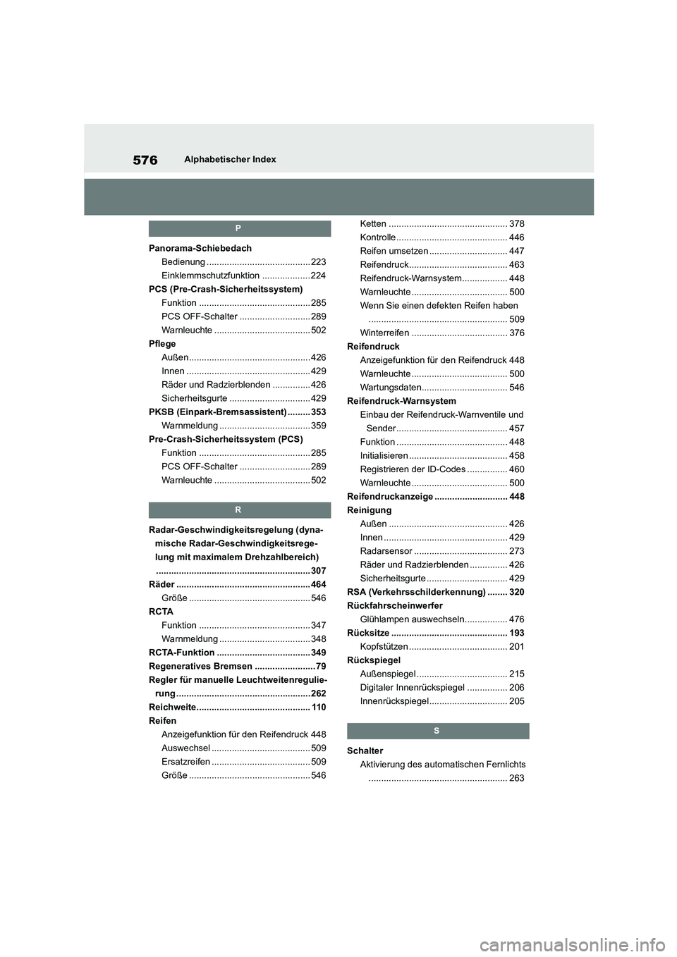 TOYOTA HIGHLANDER 2021  Betriebsanleitungen (in German) 576Alphabetischer Index
P
Panorama-Schiebedach 
Bedienung ......................................... 223
Einklemmschutzfunktion ................... 224 
PCS (Pre-Crash-Sicherheitssystem) 
Funktion ....