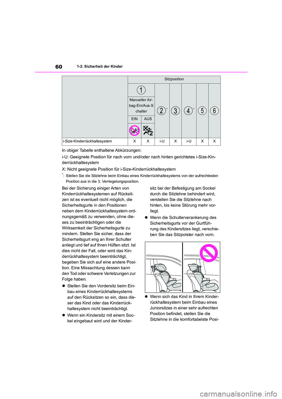 TOYOTA HIGHLANDER 2022 Betriebsanleitungen (in German) 601-2. Sicherheit der Kinder
In obiger Tabelle enthaltene Abkürzungen:
i-U: Geeignete Position für nach vorn und/oder nach hinten gerichtetes i-Size-Kin-
derrückhaltesystem
X: Nicht geeignete Po TOYOTA HIGHLANDER 2022 Betriebsanleitungen (in German) 601-2. Sicherheit der Kinder
In obiger Tabelle enthaltene Abkürzungen:
i-U: Geeignete Position für nach vorn und/oder nach hinten gerichtetes i-Size-Kin-
derrückhaltesystem
X: Nicht geeignete Po