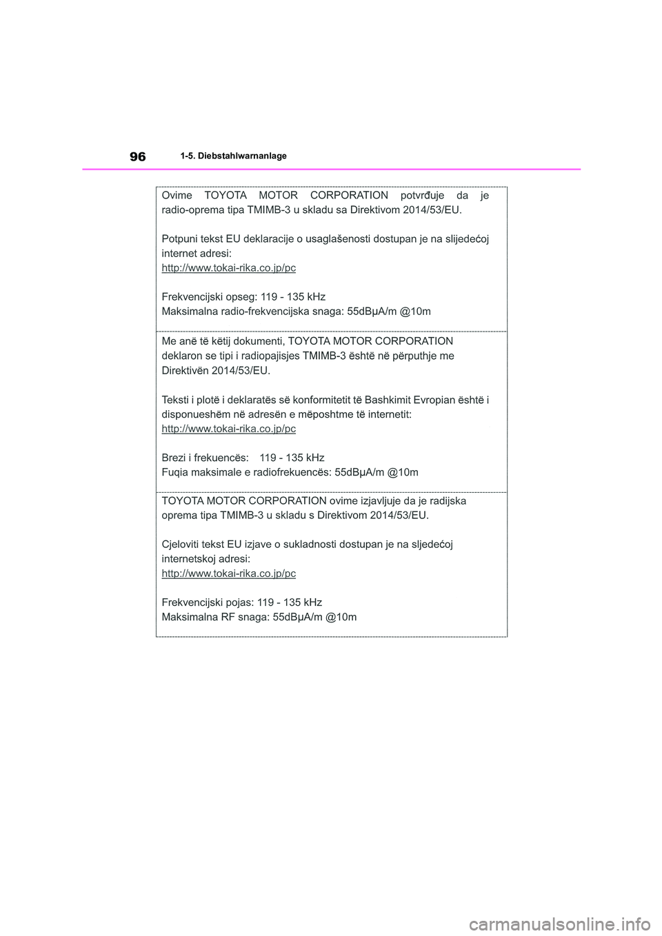 TOYOTA HIGHLANDER 2022  Betriebsanleitungen (in German) 961-5. Diebstahlwarnanlage 