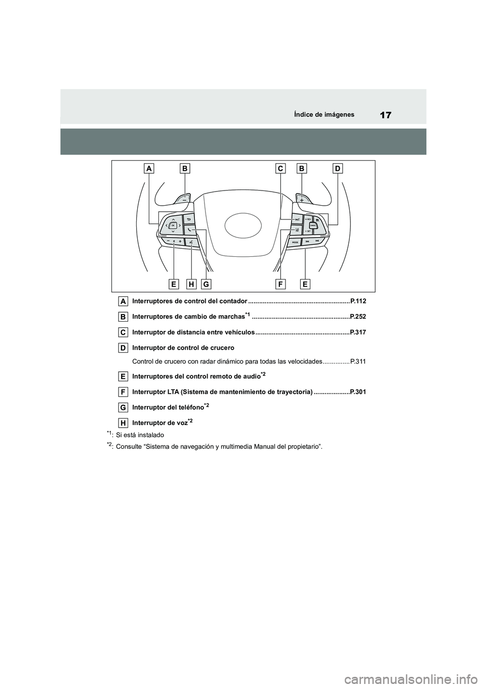 TOYOTA HIGHLANDER 2021  Manual del propietario (in Spanish) 17Índice de imágenes
Interruptores de control del contador ........................................................ P.112 
Interruptores de cambio de marchas*1.......................................