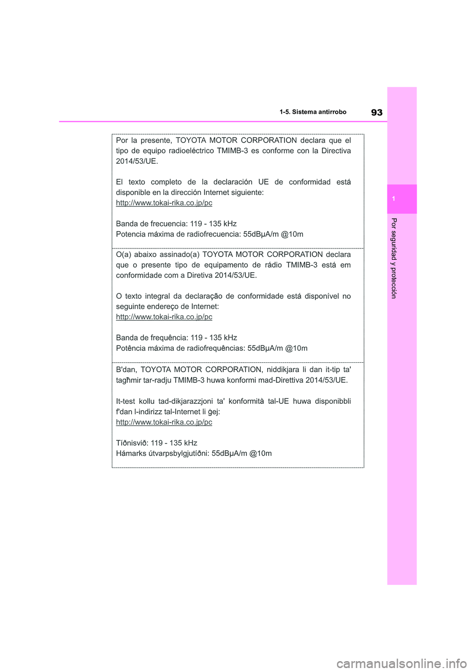 TOYOTA HIGHLANDER 2021  Manual del propietario (in Spanish) 93
1 
1-5. Sistema antirrobo
Por seguridad y protección 