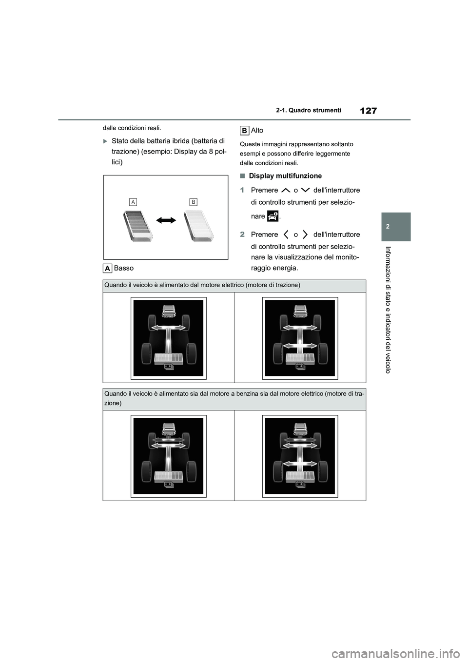 TOYOTA HIGHLANDER 2021  Manuale duso (in Italian) 127
2 
2-1. Quadro strumenti
Informazioni di stato e indicatori del veicolo
dalle condizioni reali.
Stato della batteria ibrida (batteria di  
trazione) (esempio: Display da 8 pol-
lici) 
Basso 
Al