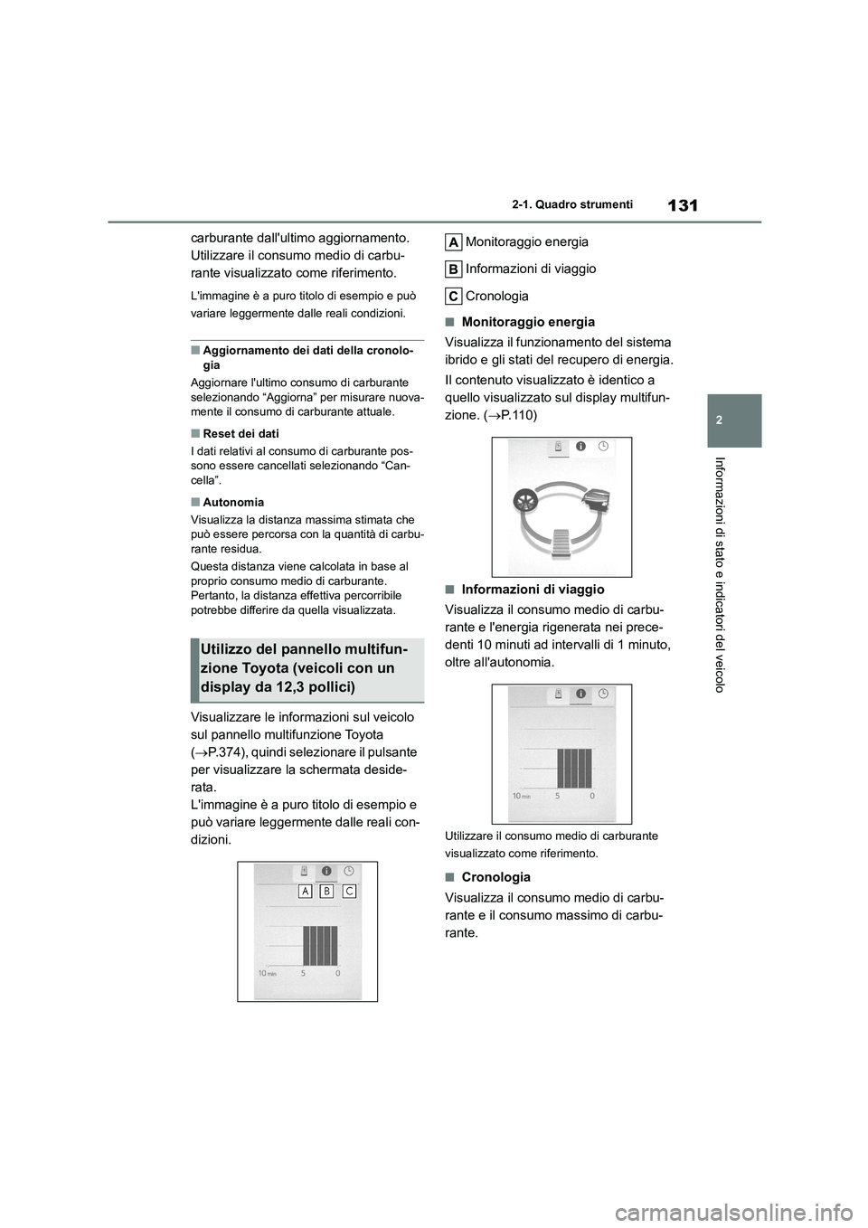 TOYOTA HIGHLANDER 2021 Manuale duso (in Italian) 131
2
2-1. Quadro strumenti
Informazioni di stato e indicatori del veicolo
carburante dallultimo aggiornamento.
Utilizzare il consumo medio di carbu-
rante visualizzato come riferimento.
Limmagin TOYOTA HIGHLANDER 2021 Manuale duso (in Italian) 131
2
2-1. Quadro strumenti
Informazioni di stato e indicatori del veicolo
carburante dallultimo aggiornamento.
Utilizzare il consumo medio di carbu-
rante visualizzato come riferimento.
Limmagin