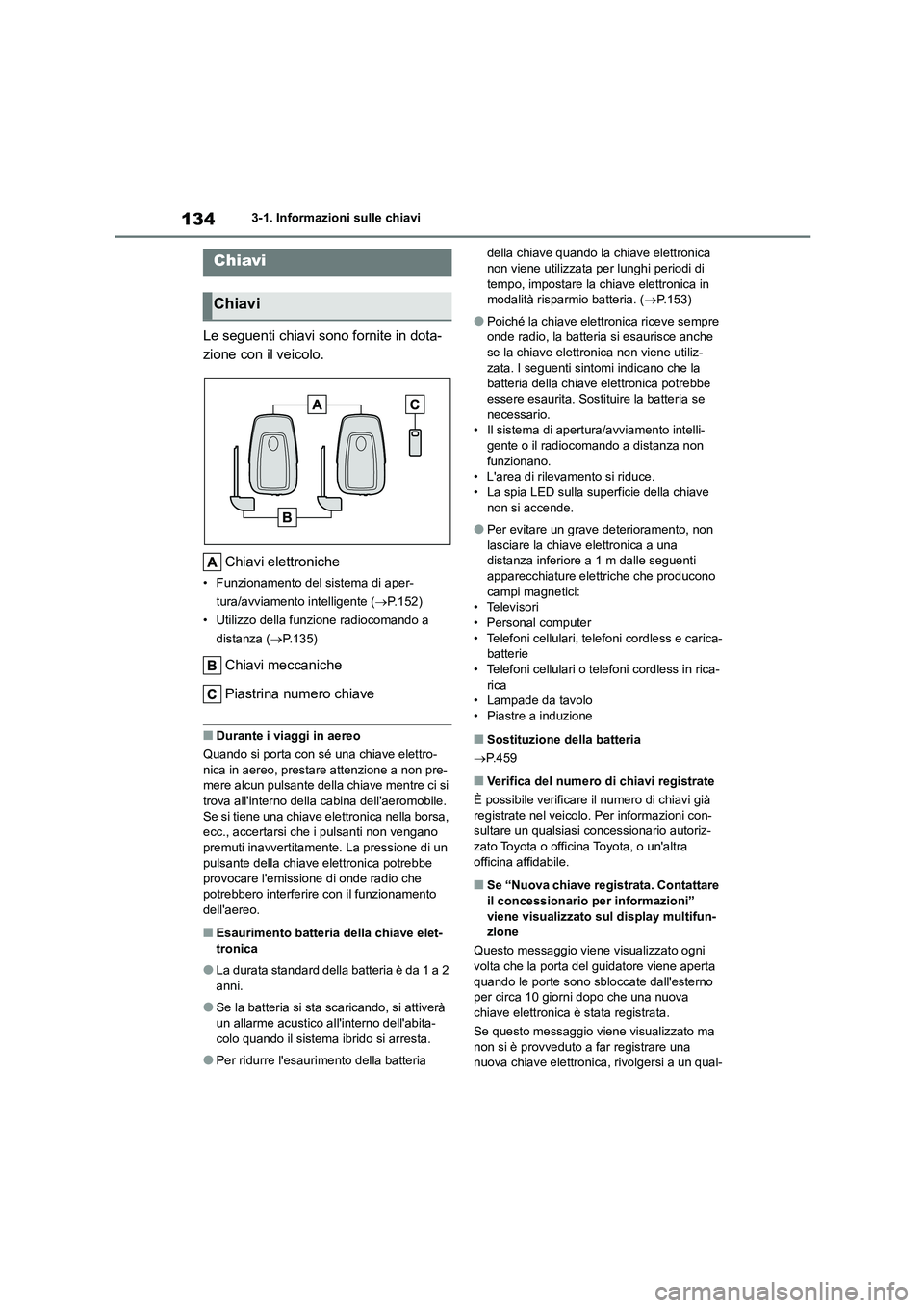 TOYOTA HIGHLANDER 2021 Manuale duso (in Italian) 1343-1. Informazioni sulle chiavi
3-1.Informazioni sulle chiavi
Le seguenti chiavi sono fornite in dota-
zione con il veicolo.
Chiavi elettroniche
• Funzionamento del sistema di aper-
tura/avviam TOYOTA HIGHLANDER 2021 Manuale duso (in Italian) 1343-1. Informazioni sulle chiavi
3-1.Informazioni sulle chiavi
Le seguenti chiavi sono fornite in dota-
zione con il veicolo.
Chiavi elettroniche
• Funzionamento del sistema di aper-
tura/avviam