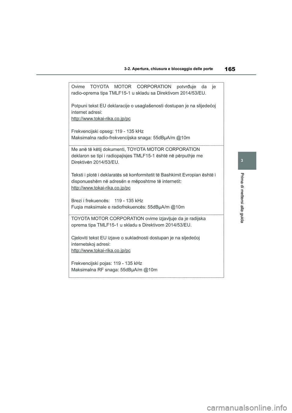 TOYOTA HIGHLANDER 2021  Manuale duso (in Italian) 165
3 
3-2. Apertura, chiusura e bloccaggio delle porte
Prima di mettersi alla guida 