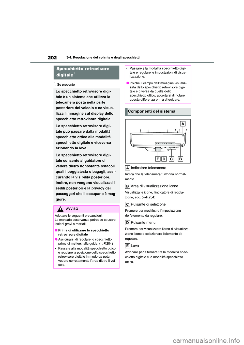 TOYOTA HIGHLANDER 2021 Manuale duso (in Italian) 2023-4. Regolazione del volante e degli specchietti
*: Se presente
Indicatore telecamera
Indica che la telecamera funziona normal-
mente.
Area di visualizzazione icone
Visualizza le icone, lindicat TOYOTA HIGHLANDER 2021 Manuale duso (in Italian) 2023-4. Regolazione del volante e degli specchietti
*: Se presente
Indicatore telecamera
Indica che la telecamera funziona normal-
mente.
Area di visualizzazione icone
Visualizza le icone, lindicat