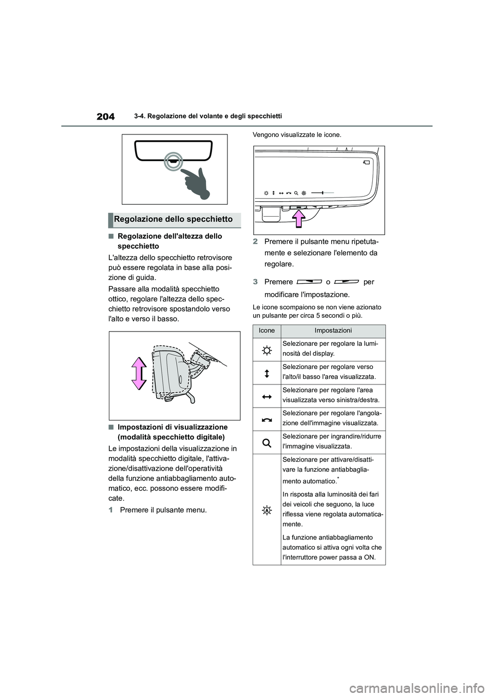 TOYOTA HIGHLANDER 2021 Manuale duso (in Italian) 2043-4. Regolazione del volante e degli specchietti
■Regolazione dellaltezza dello
specchietto
Laltezza dello specchietto retrovisore
può essere regolata in base alla posi-
zione di guida.
TOYOTA HIGHLANDER 2021 Manuale duso (in Italian) 2043-4. Regolazione del volante e degli specchietti
■Regolazione dellaltezza dello
specchietto
Laltezza dello specchietto retrovisore
può essere regolata in base alla posi-
zione di guida.