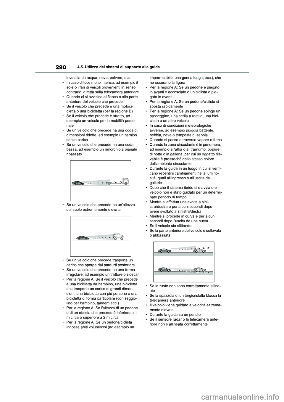 TOYOTA HIGHLANDER 2021 Manuale duso (in Italian) 2904-5. Utilizzo dei sistemi di supporto alla guida
investita da acqua, neve, polvere, ecc. • In caso di luce molto intensa, ad esempio il
sole o i fari di veicoli provenienti in senso
contrario TOYOTA HIGHLANDER 2021 Manuale duso (in Italian) 2904-5. Utilizzo dei sistemi di supporto alla guida
investita da acqua, neve, polvere, ecc. • In caso di luce molto intensa, ad esempio il
sole o i fari di veicoli provenienti in senso
contrario