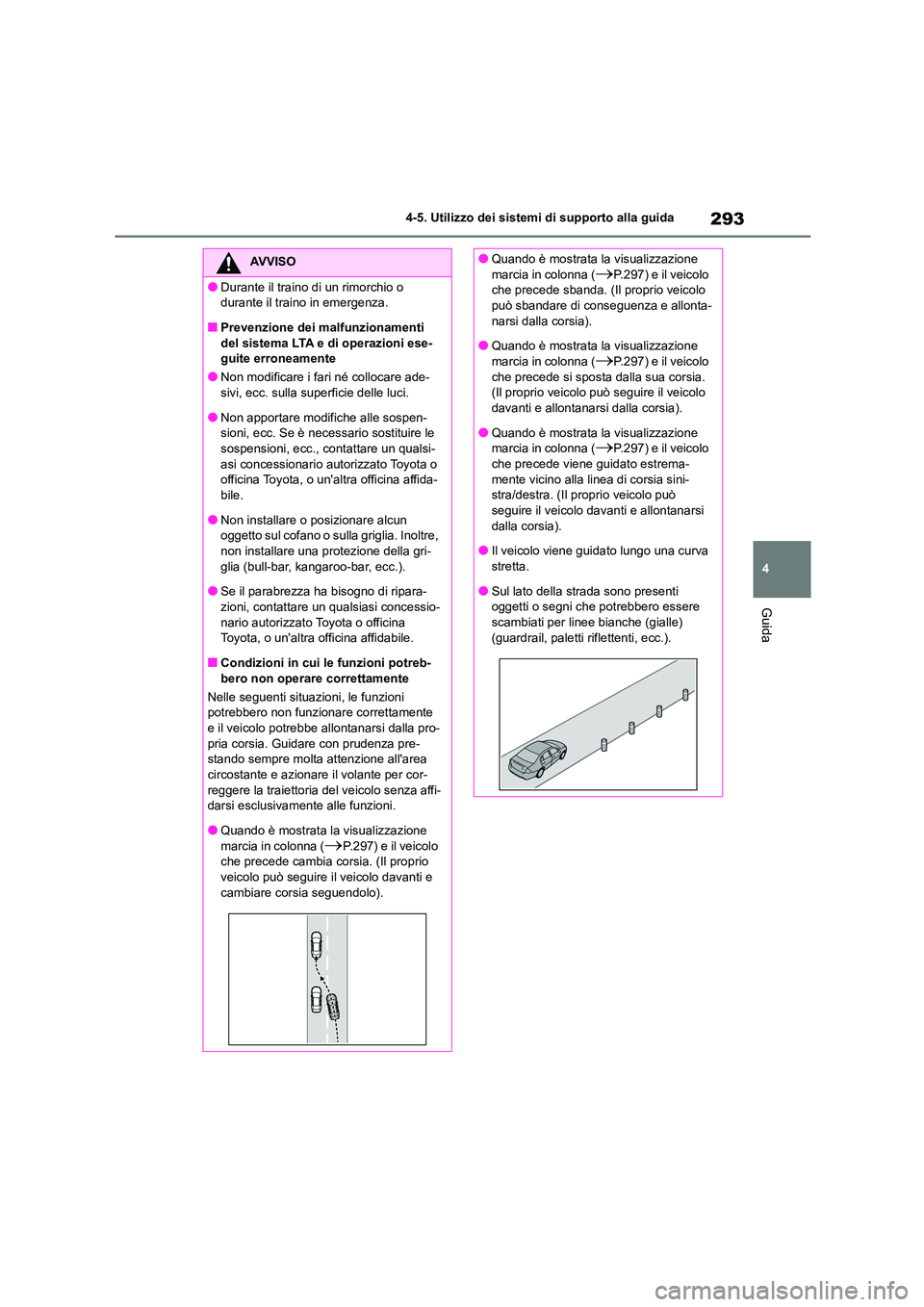 TOYOTA HIGHLANDER 2021 Manuale duso (in Italian) 293
4
4-5. Utilizzo dei sistemi di supporto alla guida
Guida
AVVISO
●Durante il traino di un rimorchio o
durante il traino in emergenza.
■Prevenzione dei malfunzionamenti del sistema LTA e di TOYOTA HIGHLANDER 2021 Manuale duso (in Italian) 293
4
4-5. Utilizzo dei sistemi di supporto alla guida
Guida
AVVISO
●Durante il traino di un rimorchio o
durante il traino in emergenza.
■Prevenzione dei malfunzionamenti del sistema LTA e di