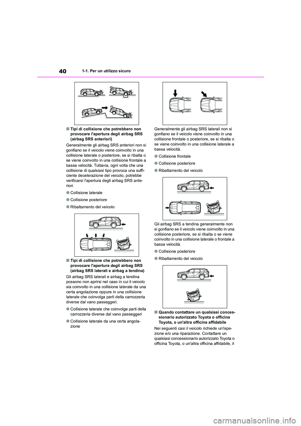 TOYOTA HIGHLANDER 2021  Manuale duso (in Italian) 401-1. Per un utilizzo sicuro
■Tipi di collisione che potrebbero non  provocare lapertura degli airbag SRS  
(airbag SRS anteriori) 
Generalmente gli airbag SRS anteriori non si  
gonfiano se il ve