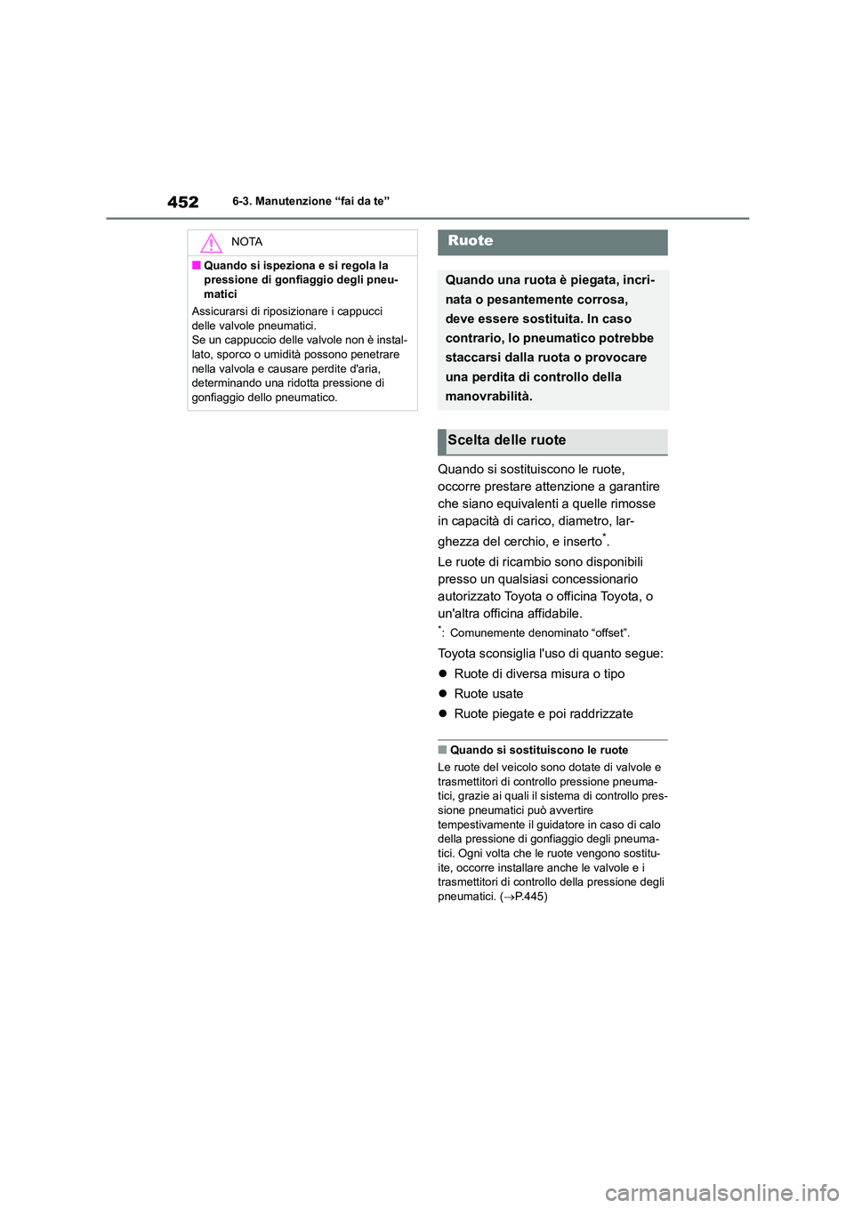 TOYOTA HIGHLANDER 2021 Manuale duso (in Italian) 4526-3. Manutenzione “fai da te”
Quando si sostituiscono le ruote,
occorre prestare attenzione a garantire
che siano equivalenti a quelle rimosse
in capacità di ca rico, diametro, lar-
ghezz TOYOTA HIGHLANDER 2021 Manuale duso (in Italian) 4526-3. Manutenzione “fai da te”
Quando si sostituiscono le ruote,
occorre prestare attenzione a garantire
che siano equivalenti a quelle rimosse
in capacità di ca rico, diametro, lar-
ghezz