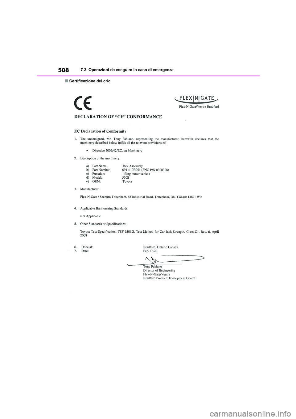 TOYOTA HIGHLANDER 2021  Manuale duso (in Italian) 5087-2. Operazioni da eseguire in caso di emergenza
■Certificazione del cric 