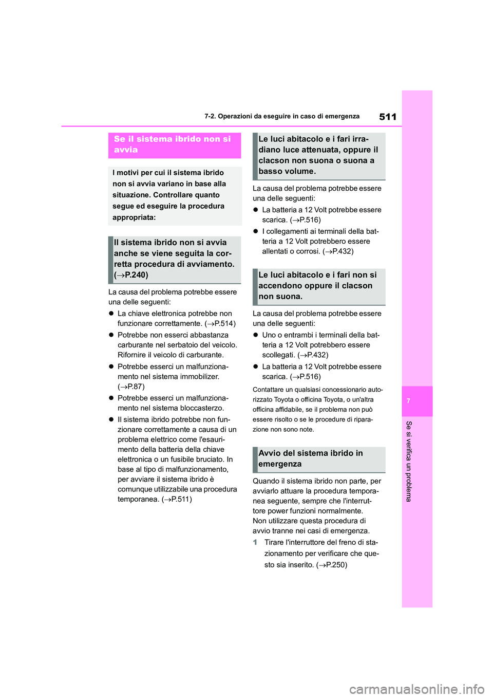 TOYOTA HIGHLANDER 2021 Manuale duso (in Italian) 511
7
7-2. Operazioni da eseguire in caso di emergenza
Se si verifica un problema
La causa del problema potrebbe essere
una delle seguenti:
La chiave elettronica potrebbe non
funzionare corr TOYOTA HIGHLANDER 2021 Manuale duso (in Italian) 511
7
7-2. Operazioni da eseguire in caso di emergenza
Se si verifica un problema
La causa del problema potrebbe essere
una delle seguenti:
La chiave elettronica potrebbe non
funzionare corr
