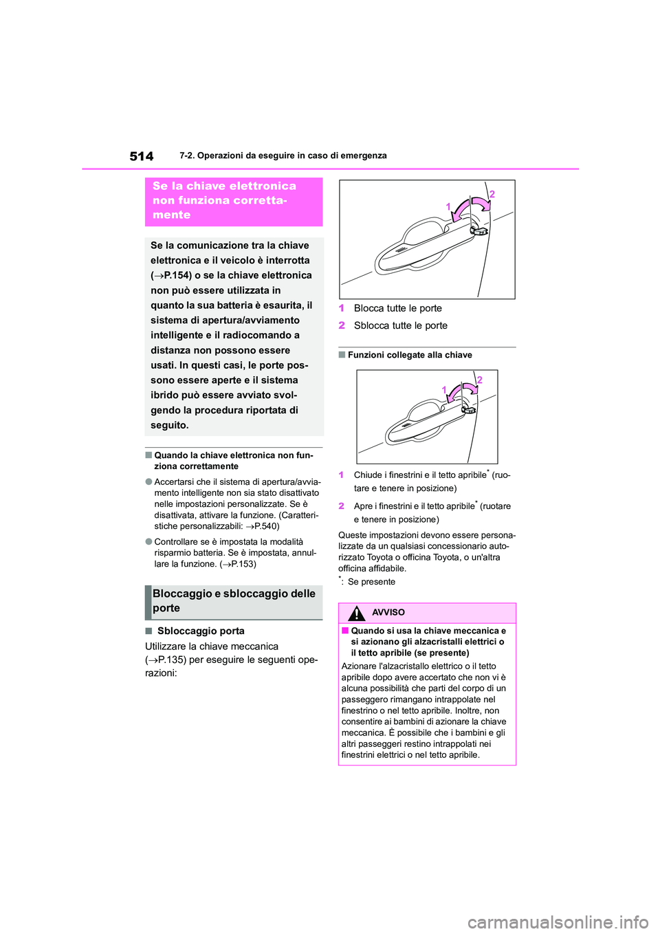 TOYOTA HIGHLANDER 2021 Manuale duso (in Italian) 5147-2. Operazioni da eseguire in caso di emergenza
■Quando la chiave elettronica non fun-
ziona correttamente
●Accertarsi che il sistema di apertura/avvia-
mento intelligente non sia stato disat TOYOTA HIGHLANDER 2021 Manuale duso (in Italian) 5147-2. Operazioni da eseguire in caso di emergenza
■Quando la chiave elettronica non fun-
ziona correttamente
●Accertarsi che il sistema di apertura/avvia-
mento intelligente non sia stato disat