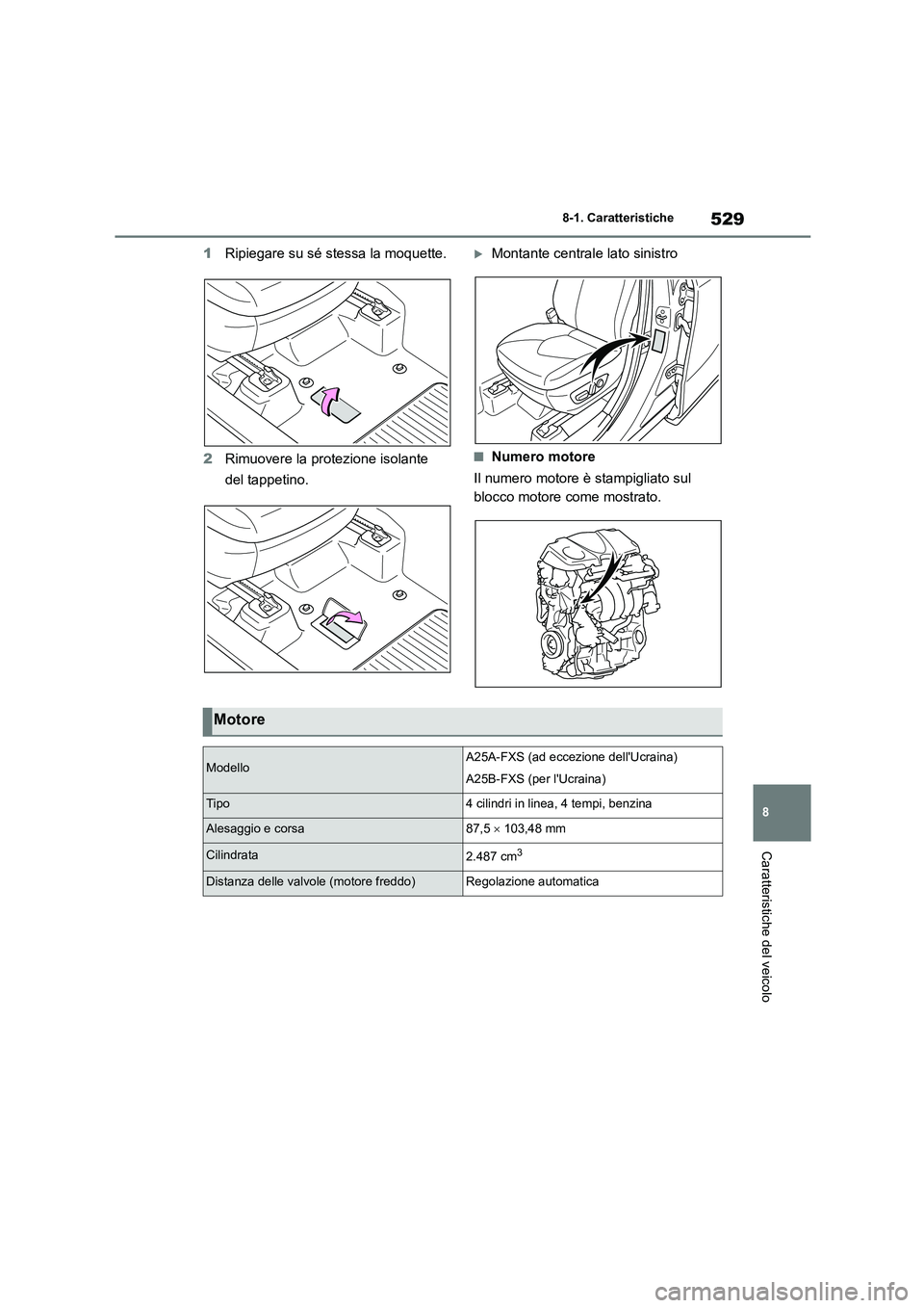 TOYOTA HIGHLANDER 2021  Manuale duso (in Italian) 529
8 
8-1. Caratteristiche
Caratteristiche del veicolo
1 Ripiegare su sé stessa la moquette. 
2 Rimuovere la protezione isolante  
del tappetino.
Montante centrale lato sinistro
■Numero motore 