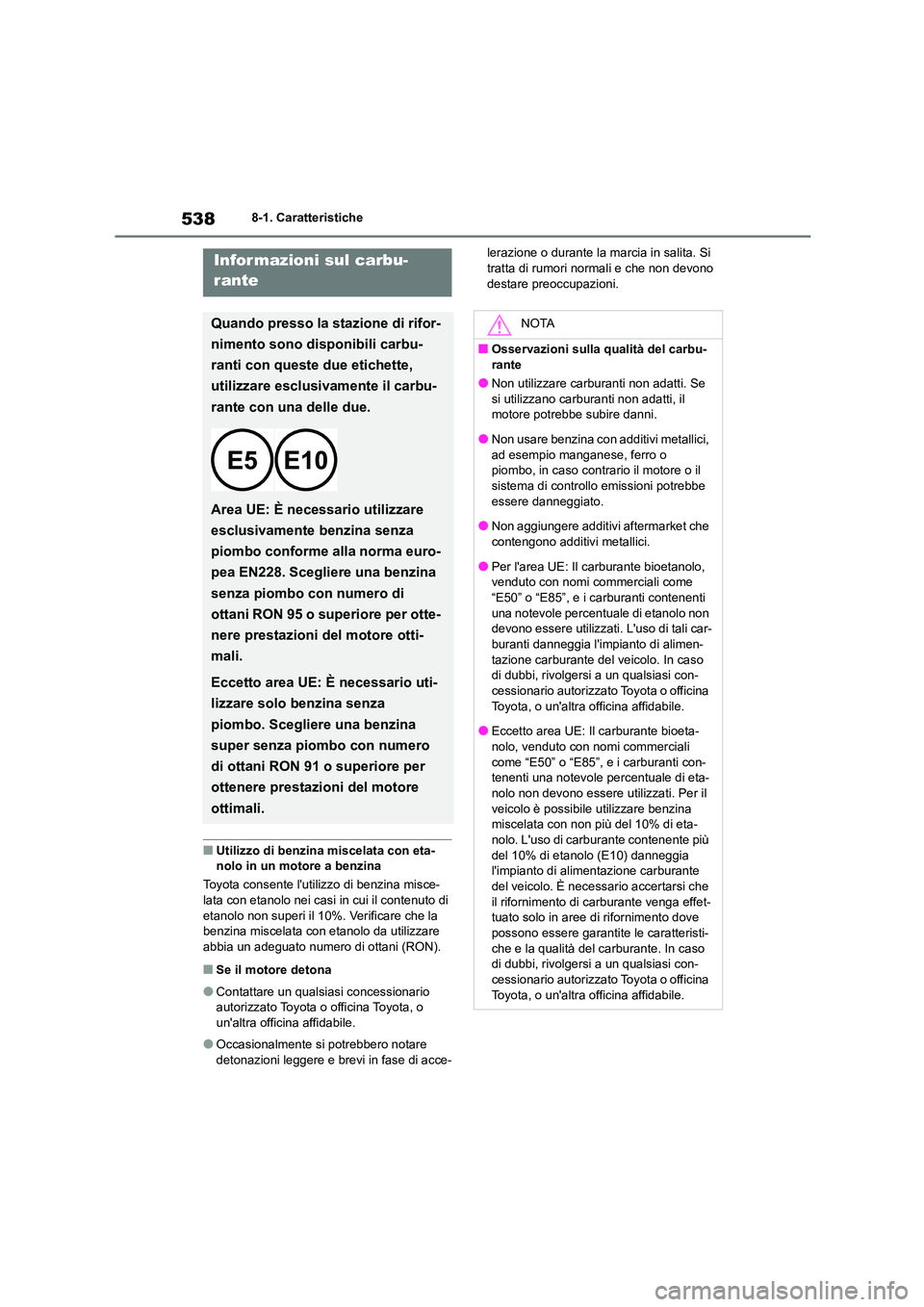 TOYOTA HIGHLANDER 2021 Manuale duso (in Italian) 5388-1. Caratteristiche
■Utilizzo di benzina miscelata con eta- nolo in un mo tore a benzina
Toyota consente lutil izzo di benzina misce-
lata con etanolo nei casi in cui il contenuto di
etanolo TOYOTA HIGHLANDER 2021 Manuale duso (in Italian) 5388-1. Caratteristiche
■Utilizzo di benzina miscelata con eta- nolo in un mo tore a benzina
Toyota consente lutil izzo di benzina misce-
lata con etanolo nei casi in cui il contenuto di
etanolo