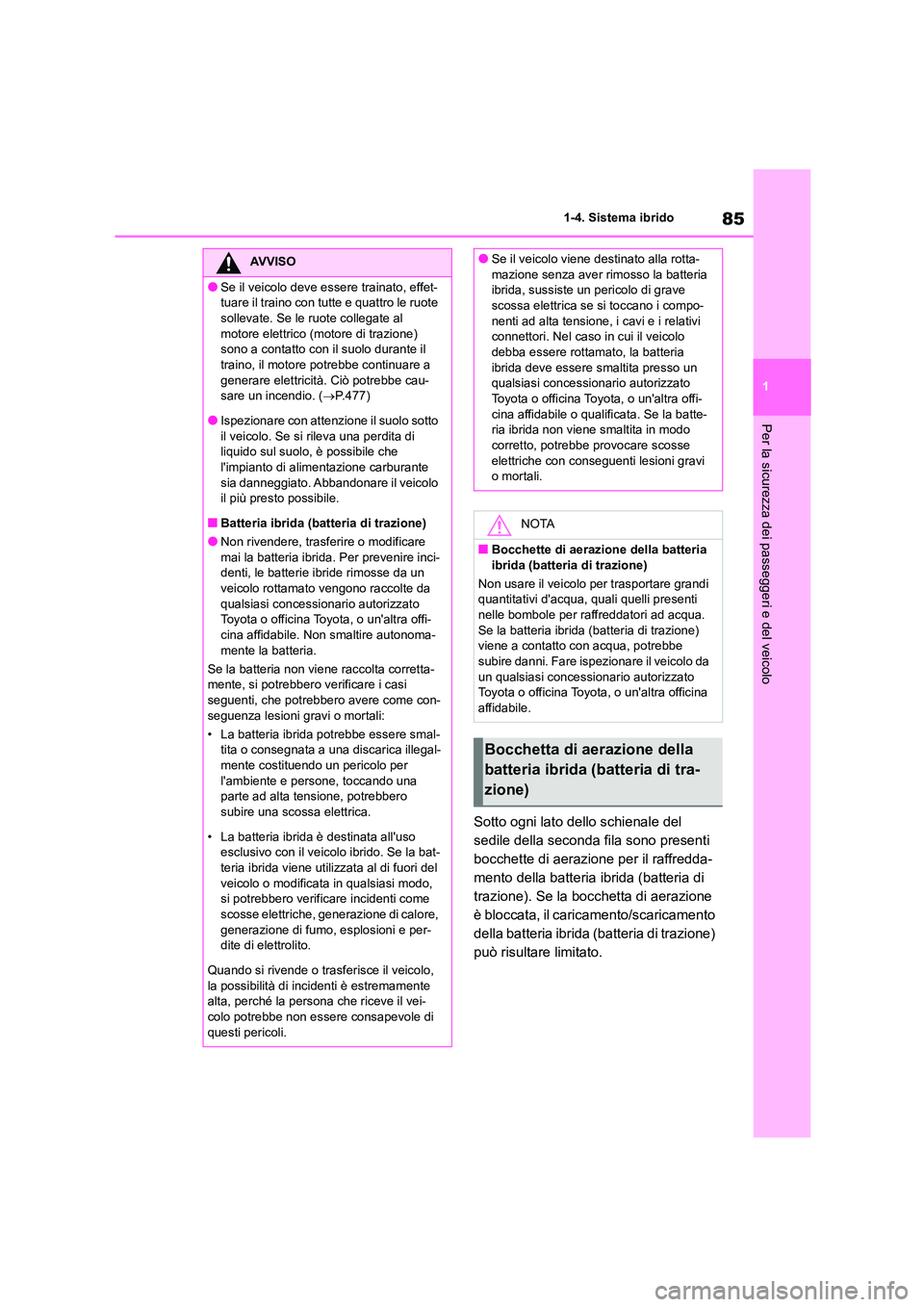 TOYOTA HIGHLANDER 2021  Manuale duso (in Italian) 85
1 
1-4. Sistema ibrido
Per la sicurezza dei passeggeri e del veicolo
Sotto ogni lato dello schienale del  
sedile della seconda fila sono presenti 
bocchette di aerazione per il raffredda-
mento de