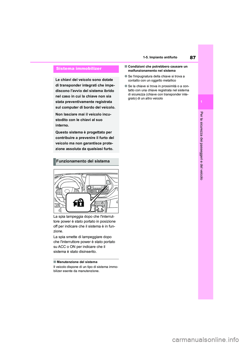 TOYOTA HIGHLANDER 2021  Manuale duso (in Italian) 87
1 
1-5. Impianto antifurto
Per la sicurezza dei passeggeri e del veicolo
1-5.Impianto antifurto
La spia lampeggia dopo che linterrut- 
tore power è stato portato in posizione 
off per indicare ch