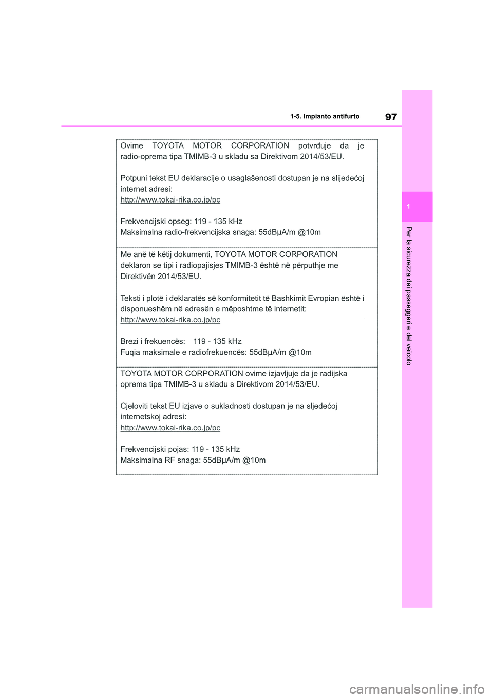 TOYOTA HIGHLANDER 2021  Manuale duso (in Italian) 97
1 
1-5. Impianto antifurto
Per la sicurezza dei passeggeri e del veicolo 