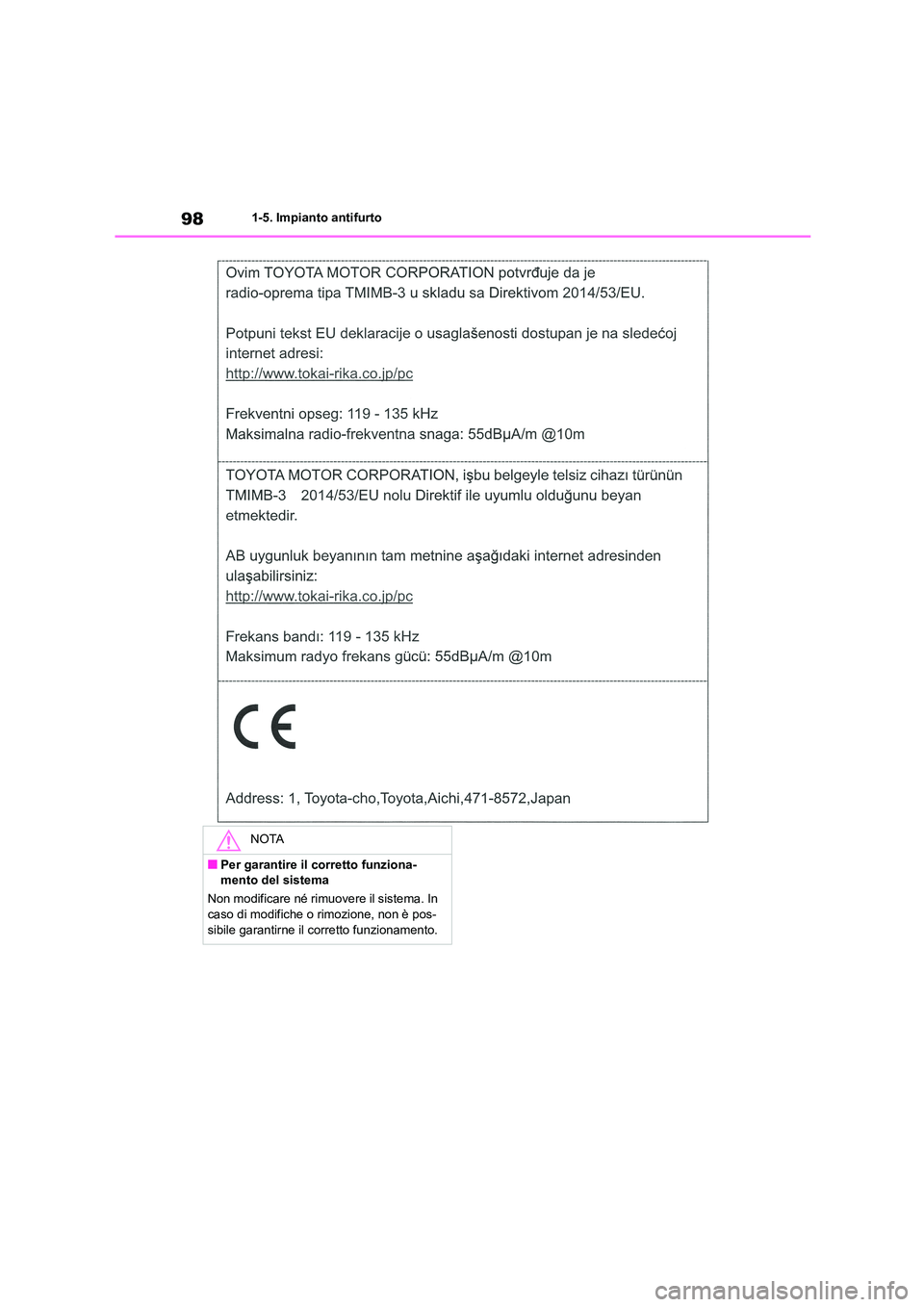 TOYOTA HIGHLANDER 2021  Manuale duso (in Italian) 981-5. Impianto antifurto
NOTA
■Per garantire il corretto funziona- mento del sistema 
Non modificare né rimuovere il sistema. In  
caso di modifiche o rimozione, non è pos-
sibile garantirne il c