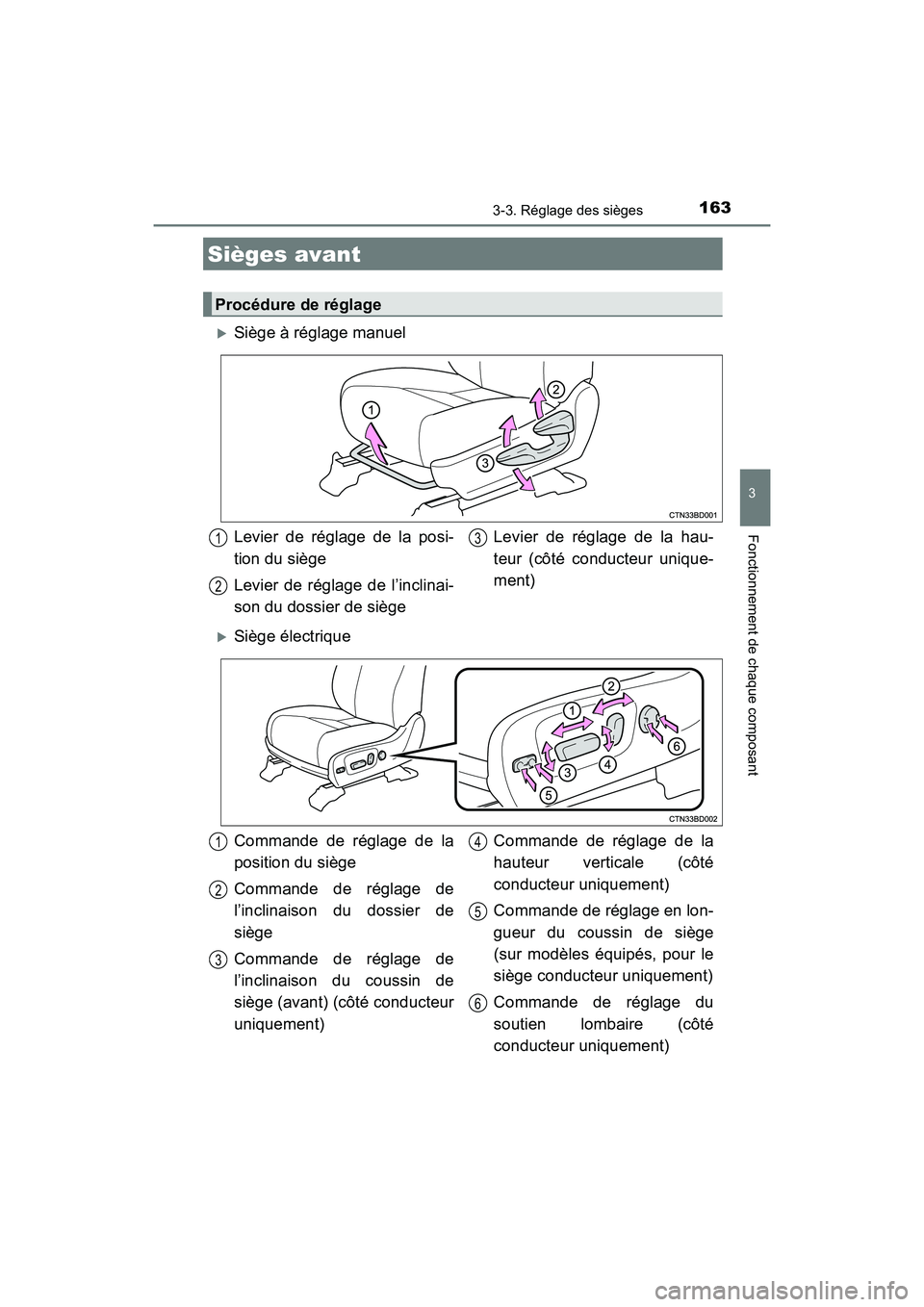 TOYOTA HIGHLANDER 2017  Manuel du propriétaire (in French) 163
3
Fonctionnement de chaque composant
HIGHLANDER_D_ OM0E017D
3-3. Réglage des sièges
Siège à réglage manuel
Siège électrique
Sièges avant
Procédure de réglage
Levier de réglage de 