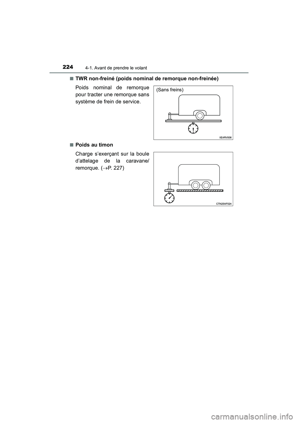 TOYOTA HIGHLANDER 2017  Manuel du propriétaire (in French) 2244-1. Avant de prendre le volant
HIGHLANDER_D_ OM0E017D 
■TWR non-freiné (poids nominal de remorque non-freinée) 
Poids nominal de remorque 
pour tracter une remorque sans
système de frein de s