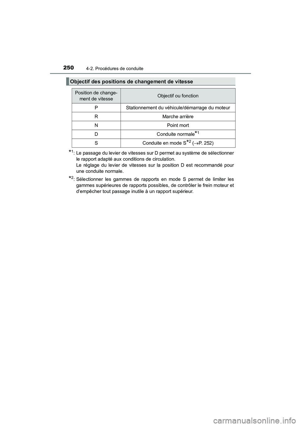 TOYOTA HIGHLANDER 2017  Manuel du propriétaire (in French) 2504-2. Procédures de conduite
HIGHLANDER_D_ OM0E017D
*1: Le passage du levier de vitesses sur D permet au système de sélectionner 
le rapport adapté aux conditions de circulation.
Le réglage du 
