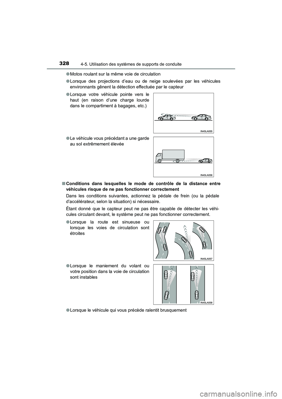 TOYOTA HIGHLANDER 2017 Manuel du propriétaire (in French) 3284-5. Utilisation des systèmes de supports de conduite
HIGHLANDER_D_ OM0E017D
● Motos roulant sur la même voie de circulation
● Lorsque des projections d’eau ou de neige soulevées par les TOYOTA HIGHLANDER 2017 Manuel du propriétaire (in French) 3284-5. Utilisation des systèmes de supports de conduite
HIGHLANDER_D_ OM0E017D
● Motos roulant sur la même voie de circulation
● Lorsque des projections d’eau ou de neige soulevées par les