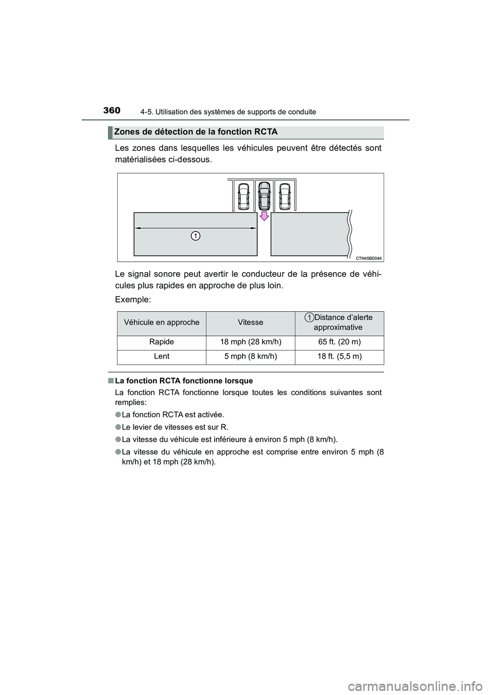 TOYOTA HIGHLANDER 2017  Manuel du propriétaire (in French) 3604-5. Utilisation des systèmes de supports de conduite
HIGHLANDER_D_ OM0E017D
Les zones dans lesquelles les véhicules peuvent être détectés sont 
matérialisées ci-dessous. 
Le signal sonore p