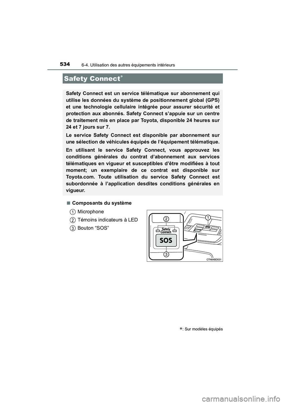 TOYOTA HIGHLANDER 2017  Manuel du propriétaire (in French) 5346-4. Utilisation des autres équipements intérieurs
HIGHLANDER_D_ OM0E017D 
■Composants du système 
Microphone 
Témoins indicateurs à LED
Bouton “SOS”
Safety Connect
: Sur modèles 
