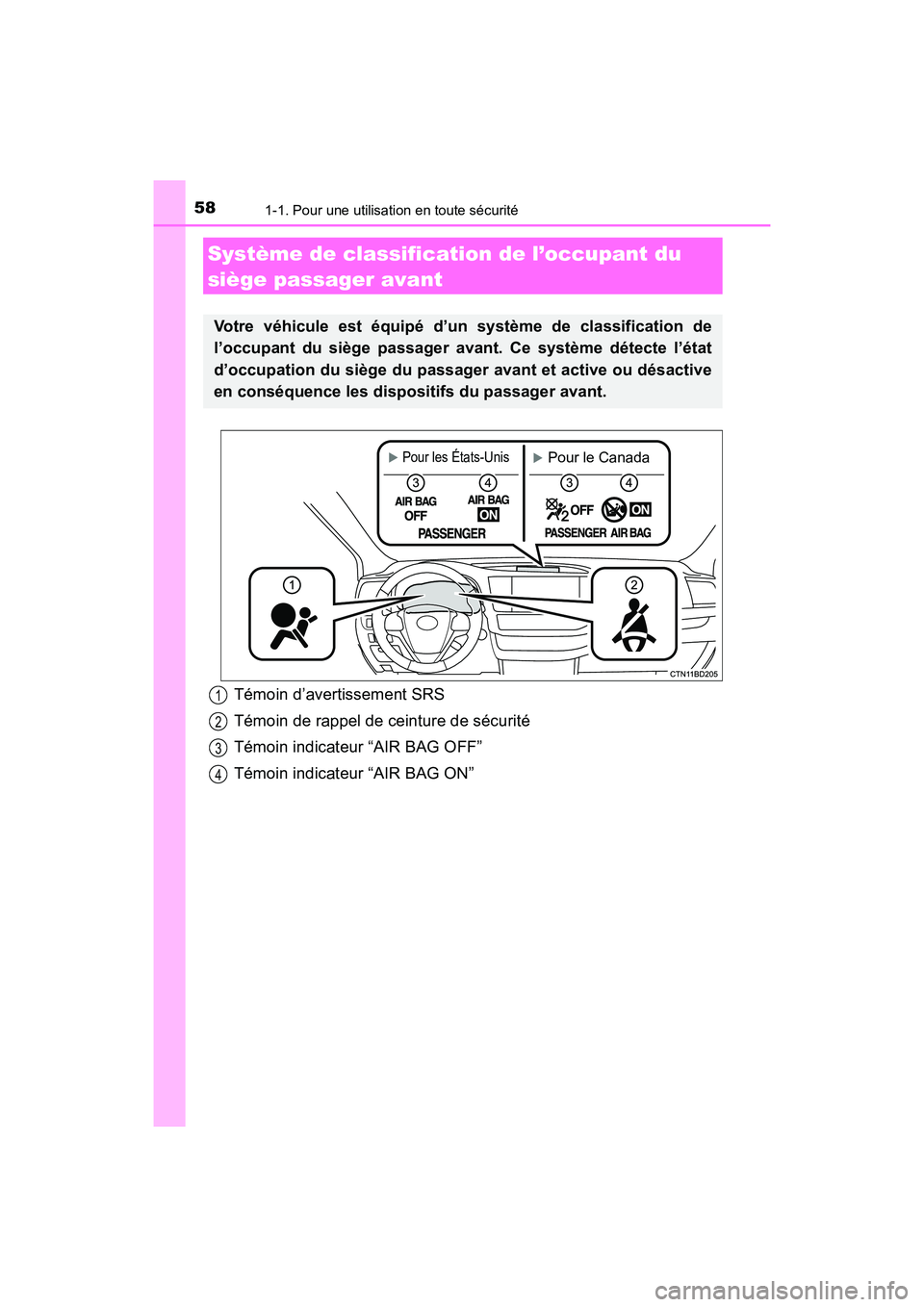 TOYOTA HIGHLANDER 2017  Manuel du propriétaire (in French) 581-1. Pour une utilisation en toute sécurité
HIGHLANDER_D_ OM0E017D
Système de classification de l’occupant du  
siège passager avant
Votre véhicule est équipé d’un système de classificat