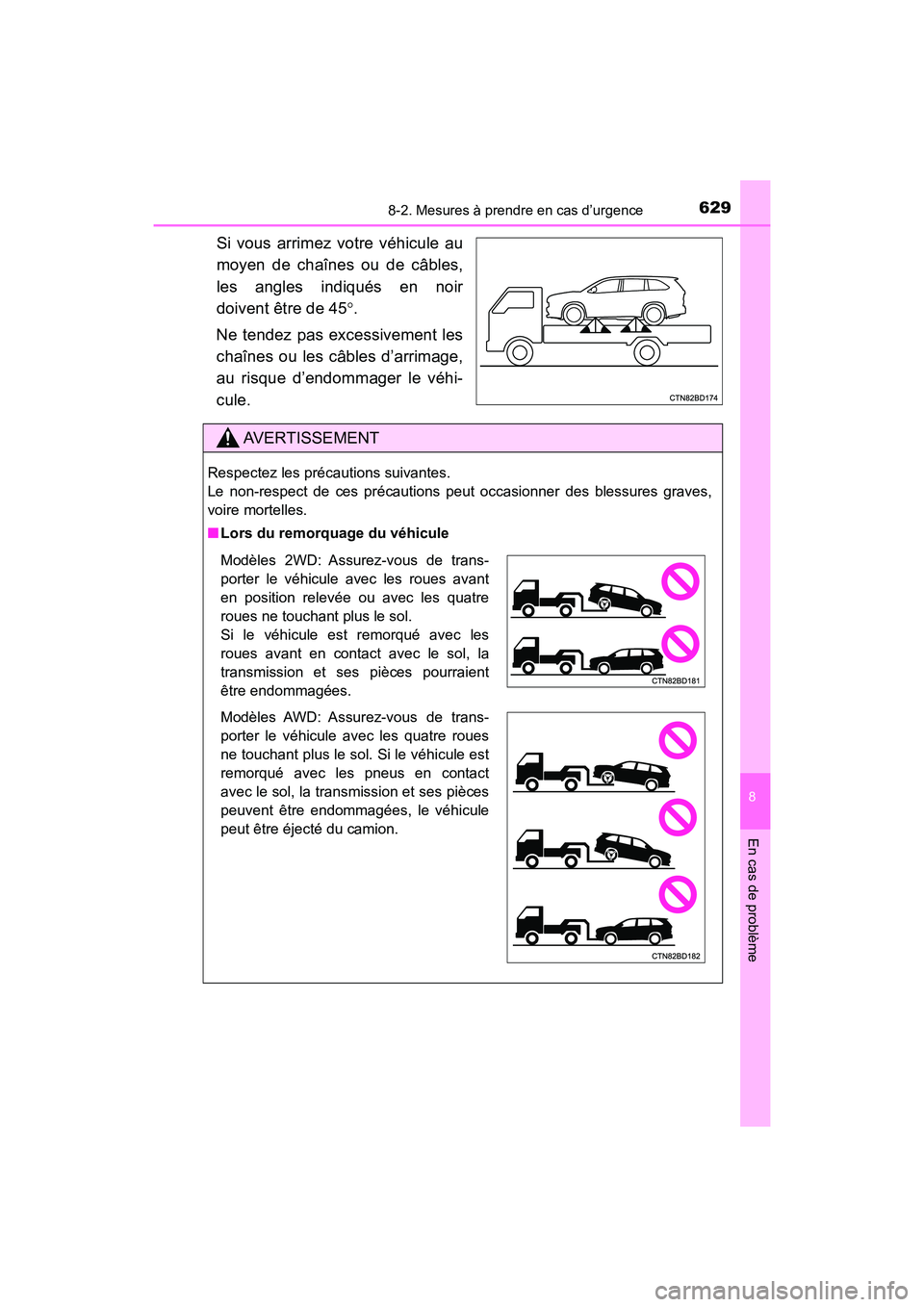 TOYOTA HIGHLANDER 2017  Manuel du propriétaire (in French) 6298-2. Mesures à prendre en cas d’urgence
8
En cas de problème
HIGHLANDER_D_ OM0E017D
Si vous arrimez votre véhicule au 
moyen de chaînes ou de câbles,
les angles indiqués en noir 
doivent ê