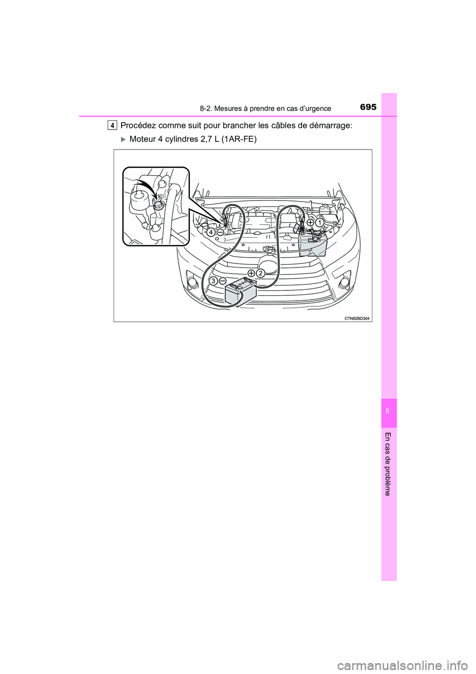 TOYOTA HIGHLANDER 2017  Manuel du propriétaire (in French) 6958-2. Mesures à prendre en cas d’urgence
8
En cas de problème
HIGHLANDER_D_ OM0E017D
Procédez comme suit pour brancher les câbles de démarrage:
Moteur 4 cylindres 2,7 L (1AR-FE)
4 