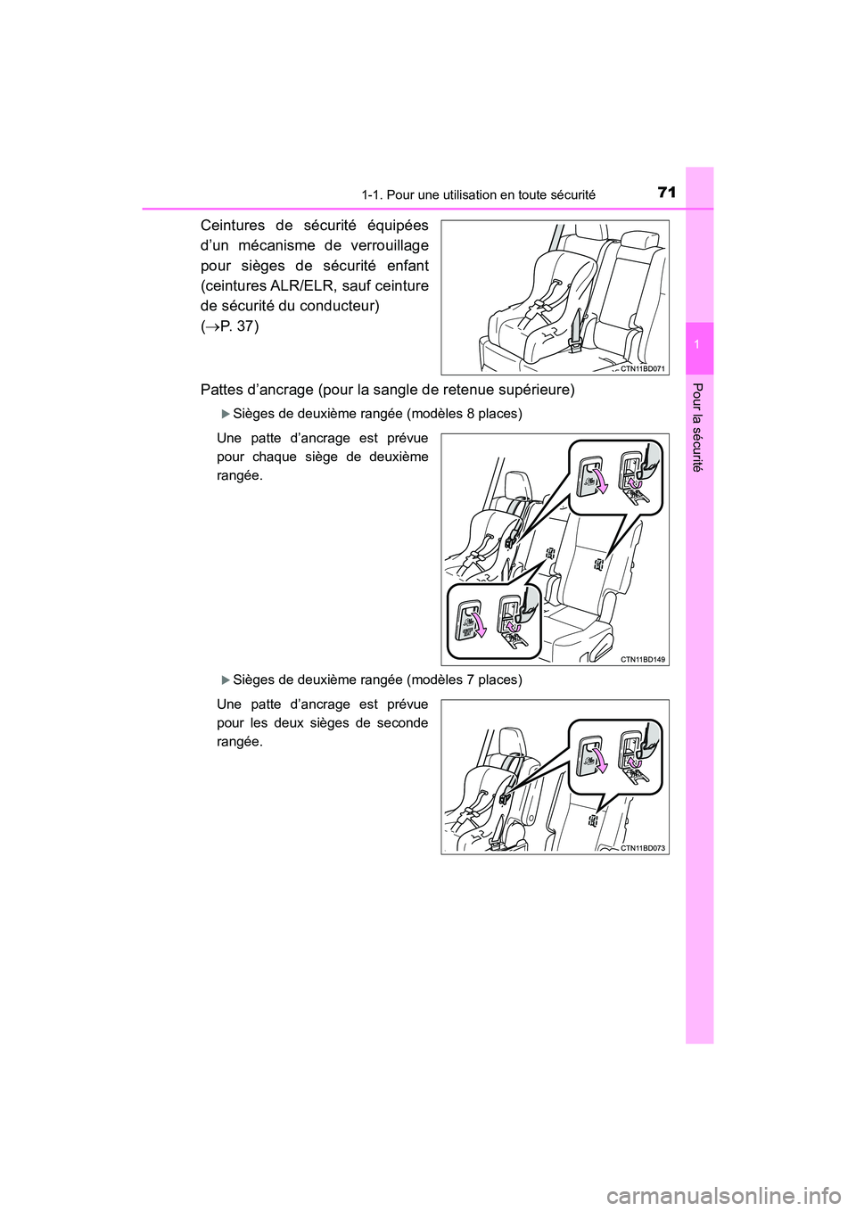 TOYOTA HIGHLANDER 2017  Manuel du propriétaire (in French) 711-1. Pour une utilisation en toute sécurité
1
Pour la sécurité
HIGHLANDER_D_ OM0E017D
Ceintures de sécurité équipées
d’un mécanisme de verrouillage
pour sièges de sécurité enfant
(cein