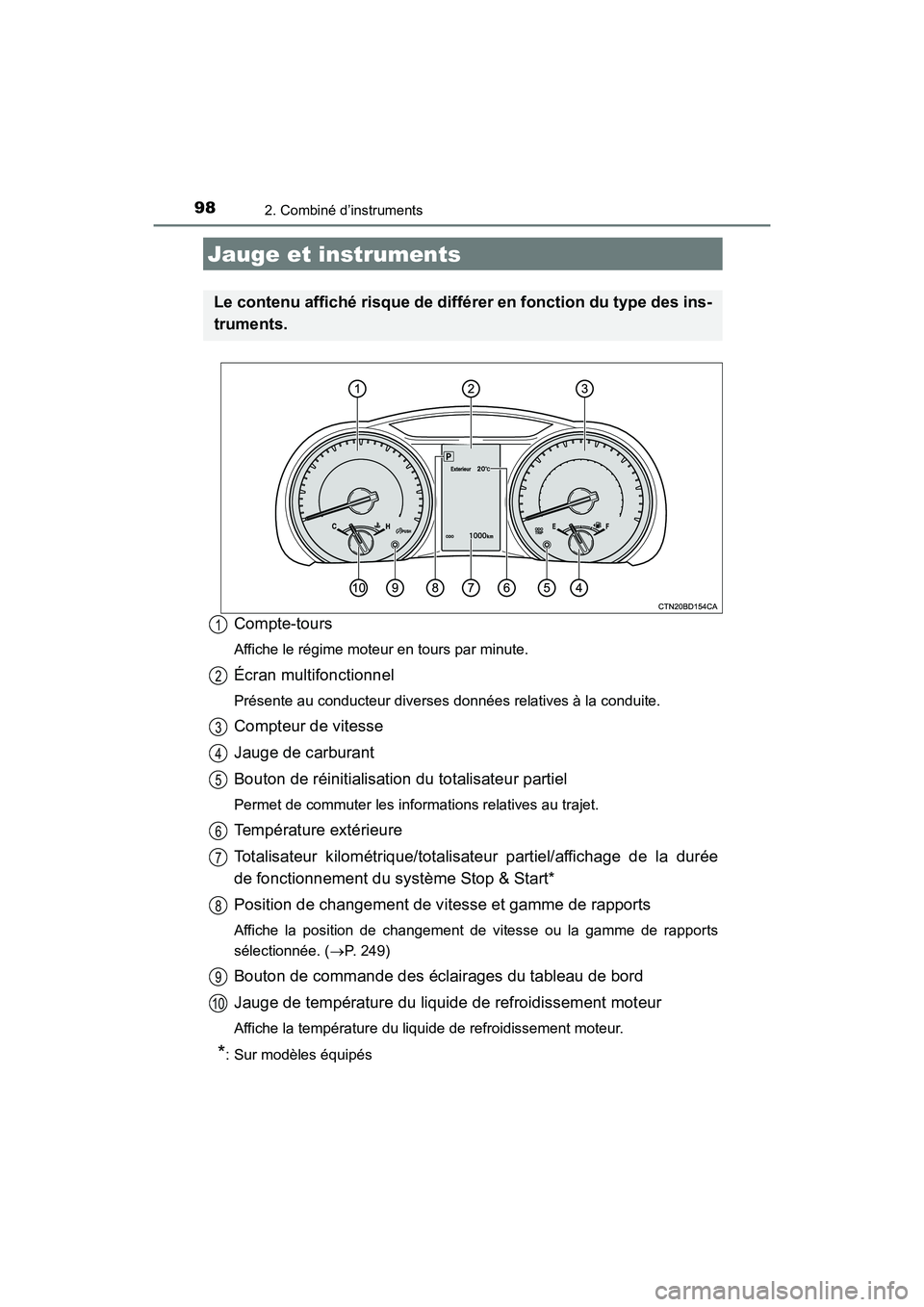 TOYOTA HIGHLANDER 2017  Manuel du propriétaire (in French) 982. Combiné d’instruments
HIGHLANDER_D_ OM0E017D
Compte-tours
Affiche le régime moteur en tours par minute.
Écran multifonctionnel
Présente au conducteur diverses données relatives à la condu