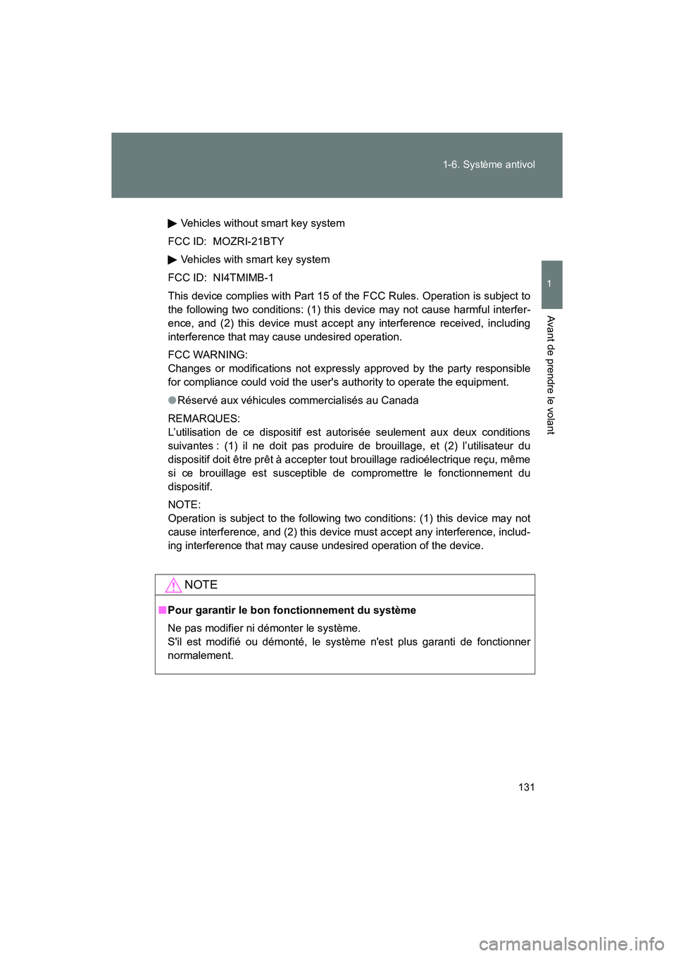 TOYOTA HIGHLANDER 2013 Manuel du propriétaire (in French) 131
1-6. Système antivol
1
Avant de prendre le volant
Highlander_D
Vehicles without smart key system
FCC ID: MOZRI-21BTY Vehicles with smart key system
FCC ID: NI4TMIMB-1
This device complies with Pa TOYOTA HIGHLANDER 2013 Manuel du propriétaire (in French) 131
1-6. Système antivol
1
Avant de prendre le volant
Highlander_D
Vehicles without smart key system
FCC ID: MOZRI-21BTY Vehicles with smart key system
FCC ID: NI4TMIMB-1
This device complies with Pa