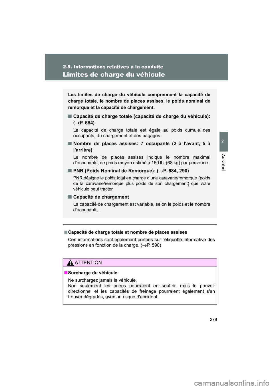 TOYOTA HIGHLANDER 2013 Manuel du propriétaire (in French) 279
2-5. Informations relatives à la conduite
2
Au volant
Highlander_D
Limites de charge du véhicule
■Capacité de charge totale et nombre de places assises
Ces informations sont également porté TOYOTA HIGHLANDER 2013 Manuel du propriétaire (in French) 279
2-5. Informations relatives à la conduite
2
Au volant
Highlander_D
Limites de charge du véhicule
■Capacité de charge totale et nombre de places assises
Ces informations sont également porté