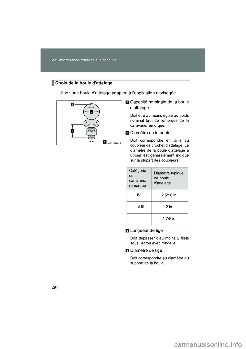 TOYOTA HIGHLANDER 2013  Manuel du propriétaire (in French) 294 2-5. Informations relatives à la conduite
Highlander_D
Choix de la boule dattelageUtilisez une boule dattelage adaptée à lapplication envisagée. Capacité nominale de la boule
dattelage
Do